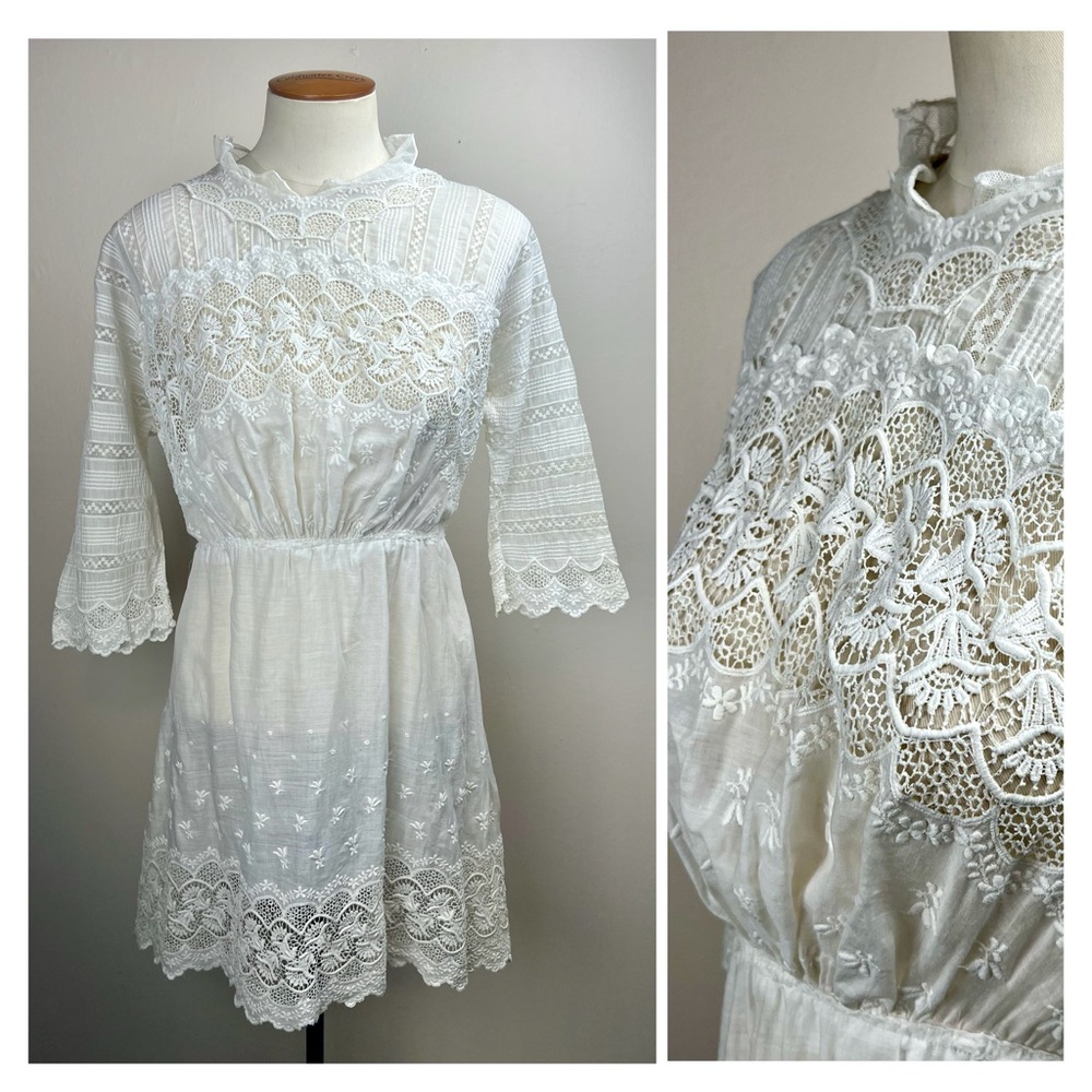 Antique Edwardian White Cotton Embroidered and Lace Short Dress Size XS